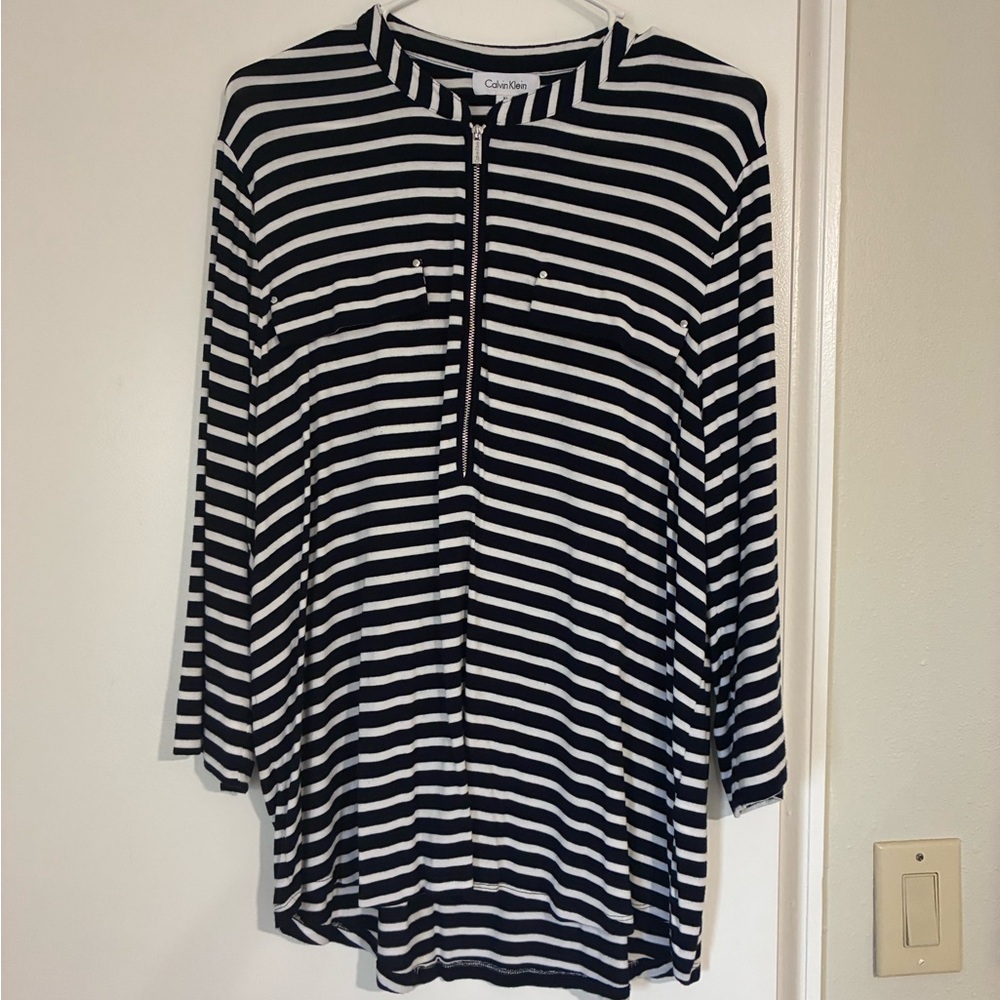 Calvin Klein Women's Striped Button Down Shirt - Navy and White